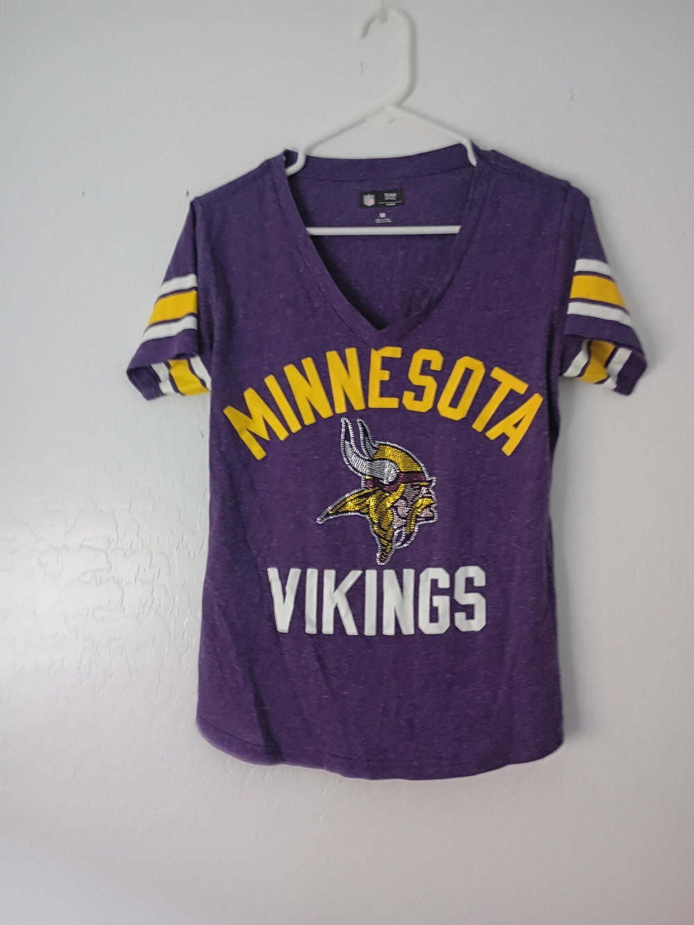 NFL Team Apparel, Minnesota Vikings Purple Graphic V-Neck Tee With Rhinestones